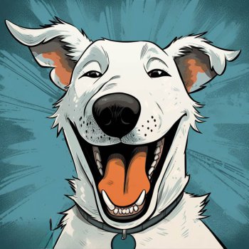 Ein witziges Comic-Bild: ein lächelnder Hund schaut fröhlich in die Kamera, er hat kurzes weißes Fell und längere Ohren.