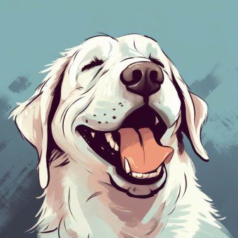Ein Comic-Bild: ein großer weißer Hund schaut entspannt nach rechts oben, er hält die Augen geschlossen; das Maul steht entspannt offen, die rot-orange Zunge ist sichtbar