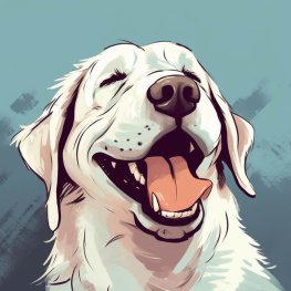 Ein Comic-Bild: ein großer weißer Hund schaut entspannt nach rechts oben, er hält die Augen geschlossen; das Maul steht entspannt offen, die rot-orange Zunge ist sichtbar