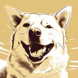 Ein Comic-Bild: eine Art gold-braunes Sepia-Bild eines hellen Hundes, der zu lächeln scheint