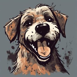 Ein Comic-Bild eines braunen Hundes mit mittellangem Fell und weißer Schauze, der entspannt in die Kamera schaut