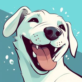 Ein Comic-Bild eines scheinbar fröhlichen weißen Hundes, der nach oben rechts schaut und die Augen halb geschlossen hält