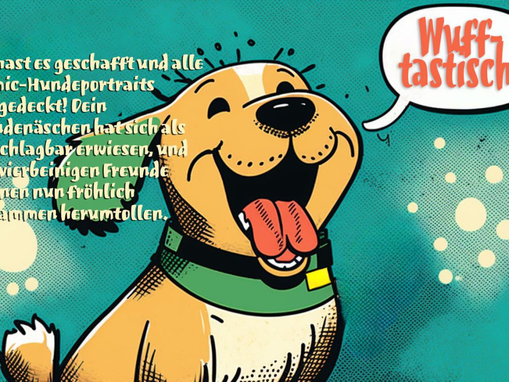 Ein brauner, im Comic-Stil gezeichneter Hund lacht, eine Sprechblase mit dem Inhalt "Wuff-tastisch"