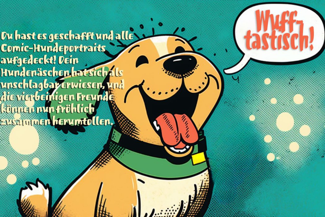 Ein brauner, im Comic-Stil gezeichneter Hund lacht, eine Sprechblase mit dem Inhalt "Wuff-tastisch"