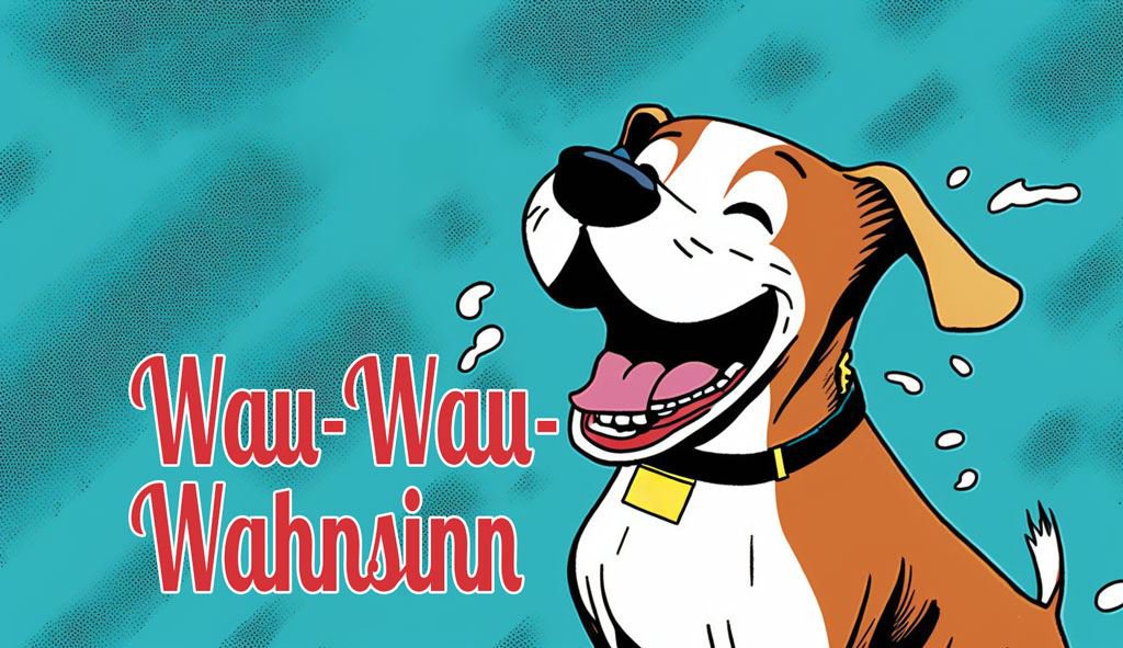 Ein lachender Hund mit braun-weißem, kruzem Fell, im COmic-Stil gezeichnet vor türkisem Hindergrund. In Rot der Schriftzug "Wau-Wau-Wahnsinn"